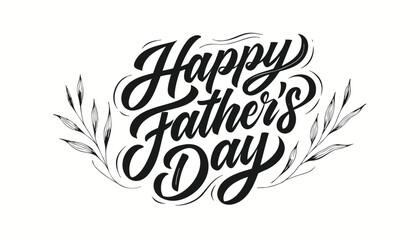 Elegant black handwritten happy fathers day calligraphy with decorative leaves © vectyx2