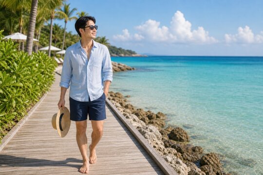 木道を歩く白シャツ姿のリゾート男性