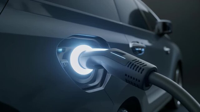 Electric car being charged with illuminated plug in dark environment