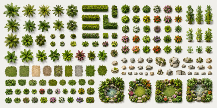 Top-down environment asset sheet with palm trees, bushes, hedges and reusable nature elements