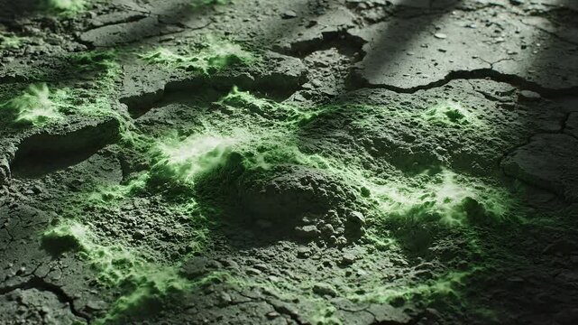 Closeup of glowing green moss on cracked dry earth texture.