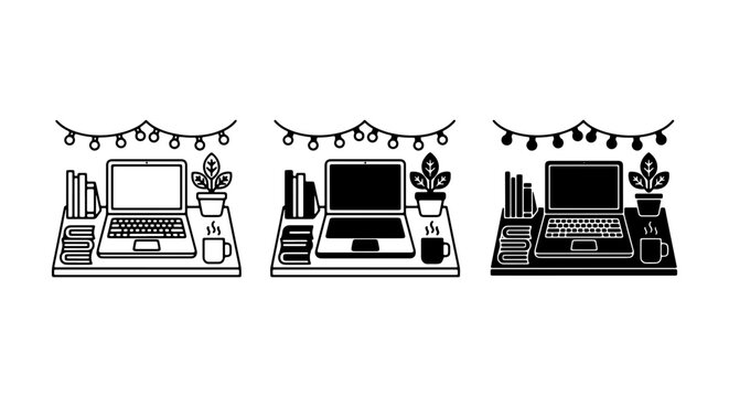 Modern Home Office Desk Setup, Laptop, Books, Plant, Coffee Mug, String Lights, Vector Icons Set