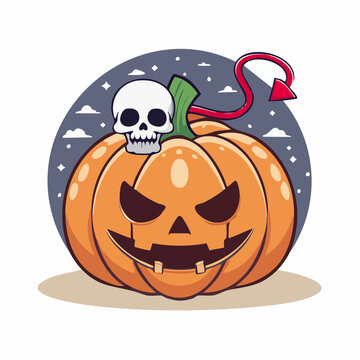 Halloween Pumpkin with Skull and Devil Tail