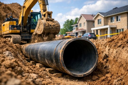 Industrial pipeline installation construction site with excavator trenching utility infrastructure and underground sewer system repair in suburban residential area