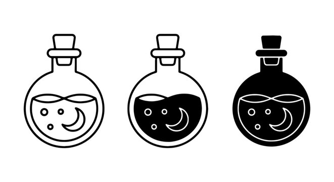 Magic Potion Bottle Vector Icons, Mystical Elixir Flasks, Witchcraft and Alchemy Symbols Set