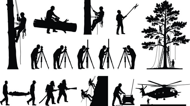 Forestry Operations and Field Survey Silhouette Collection Featuring Arborists Rescue Teams and Technical Workers