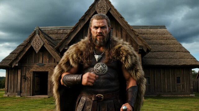 Viking Warrior in Traditional Attire Near Wooden Longhouse