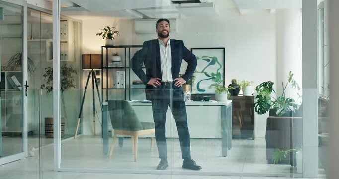 Happy, businessman and pride with confidence in office for agro business, startup or improvement. Man, environmentalist or manager with smile or arms crossed for ergonomic development in workplace