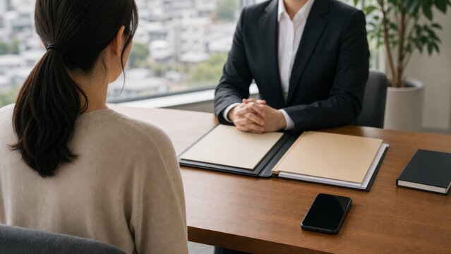 明るいオフィスで向き合う相談中の男女