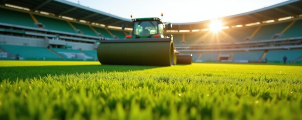 Naklejka premium Green tractor rolls stadium grass field for sport game preparation. Pro groundskeeper maintains lush pitch surface at sunny arena. Lawn care for soccer field performance.