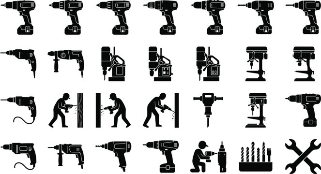 Black Silhouette Electric Power Drill Machine Worker Construction Equipment Tool Icons Set Vector Illustration