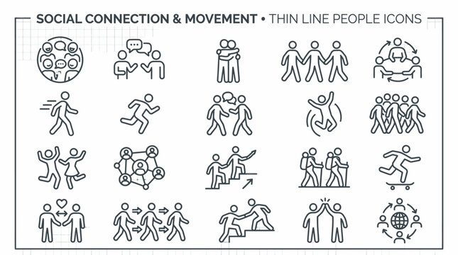 Social Connection and Movement Thin Line People Icons Set.