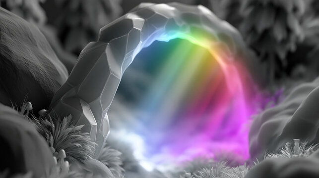 Ein leuchtender Regenbogen strahlt aus einem Felsbogen inmitten einer schwarz-wei&szlig;en Naturlandschaft.