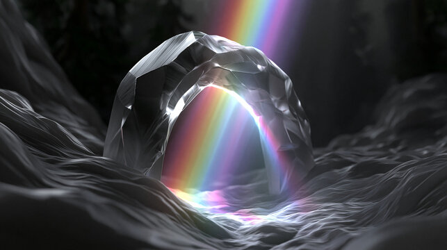 Ein leuchtender Regenbogen strahlt aus einem Felsbogen inmitten einer schwarz-wei&szlig;en Naturlandschaft.