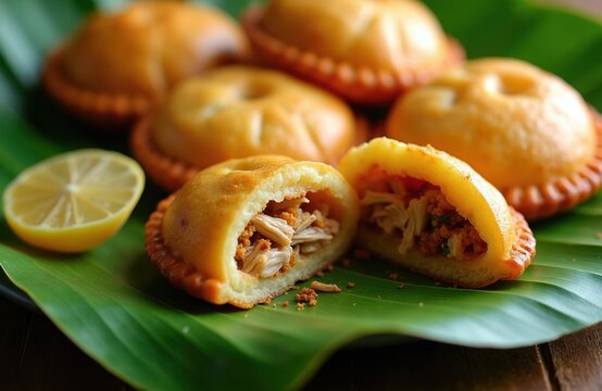 Golden fried karipap pastry filled with savory chicken meat. Served on green banana leaf with lemon slice. Delicious snack made with fresh ingredients, served hot. Perfect for quick meal or appetizer.