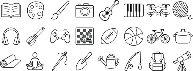 Leisure and hobby doodle icon set with clean outline style © Hafiz360