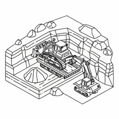 Obraz premium Construction vehicles in a quarry isometric illustration.