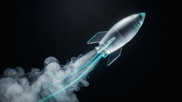 Rendu 3D d'une fus&eacute;e argent&eacute;e futuriste d&eacute;collant dans l'espace avec une tra&icirc;n&eacute;e de moteur bleue luminescente et une &eacute;paisse fum&eacute;e sur fond noir