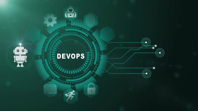 DevOps Technology Interface with Smart Software Automation and Digital Infrastructure Systems on Dark Background 4k animation video