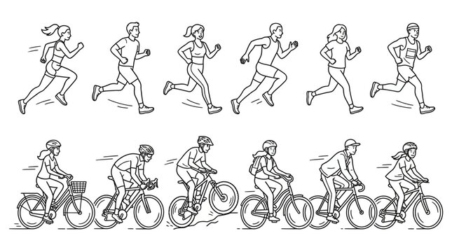 Athletes running and cycling in a line drawing style.