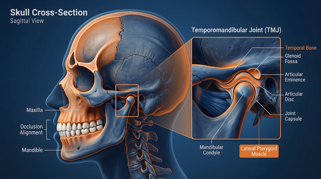 Human skull anatomy diagram showing the temporomandibular joint