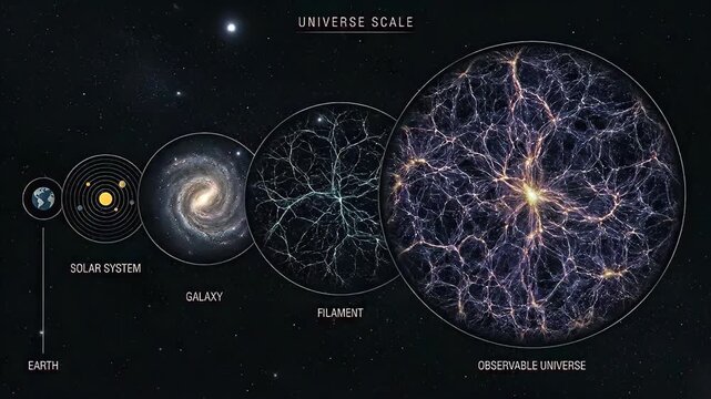 Universe scale diagram comparing planet earth, solar system, spiral galaxy, cosmic filament, and observable universe, illustrating immense cosmic structure and vastness of space.