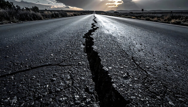 Cracked asphalt road stretching towards a dramatic sunset, symbolizing journey, challenges, and perseverance
