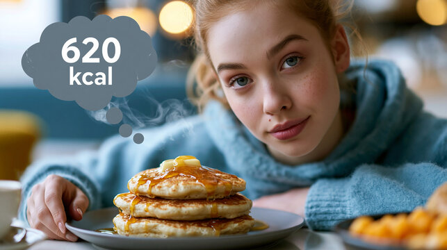 Eine Frau sitzt vor einem Stapel Pfannkuchen mit Ahornsirup, neben dem eine Gedankenblase mit &bdquo;620 kcal" zu sehen ist.