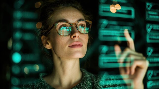 Focused woman wearing glasses interacting with digital priority matrix interface in dark studio