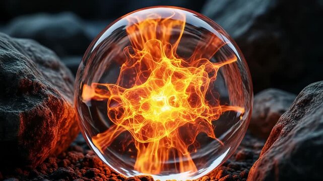 Glowing fire trapped inside a crystal sphere on rocky ground