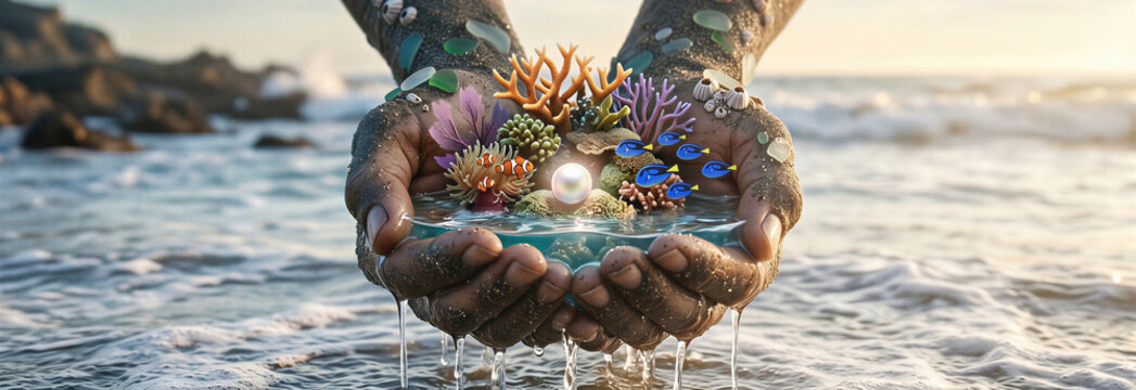 Man holding mini ecosystem with coral reef, pearl and exotic fish in hands. Concept of ocean preservation and World Ocean Day. Banner with copy space