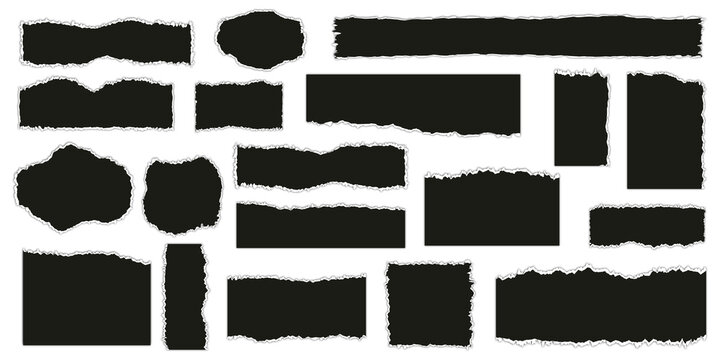 Set of black torn paper sheets PNG isolated on transparent background with realistic ripped edges for posters, banners and graphic design