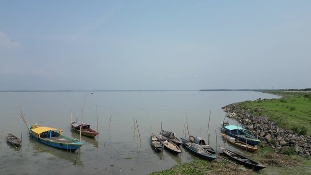 Wide drone view of Jamuna River and surrounding landscape Bangladesh 4K
