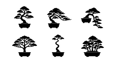 Fototapeta premium Bonsai Tree Vector Icons, Miniature Potted Plants, Zen Garden Elements, Black Silhouettes