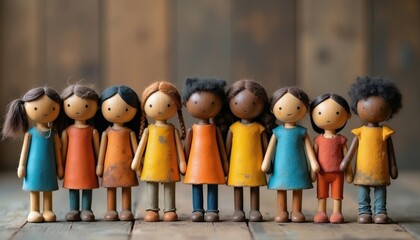 Obraz premium Diverse wooden doll figures stand in row. Representing multicultural unity, inclusion, childhood diversity, friendship, and community spirit. Figures stand on rustic wood surface.
