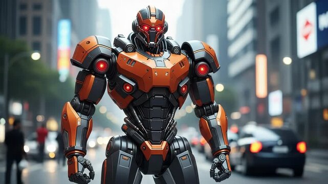 Futuristic orange and grey robot in city