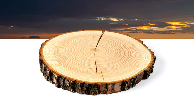 Cross section of a pine tree trunk showing growth rings and bark, with a dramatic sunset sky in the background