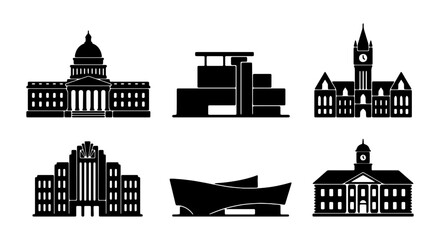 Naklejka premium Modern and Classic Building Silhouettes, Government and Civic Architecture Icons