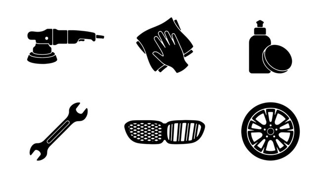 Car Care Icons: Polisher, Wrench, Grille, Wheel, Cleaning Cloth, Polish Bottle