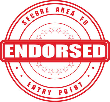 Red circular stamp graphic with the word ENDORSED in large white capital letters, surrounded by text 'SECURE AREA F6 ENTRY POINT' and a ring of stars