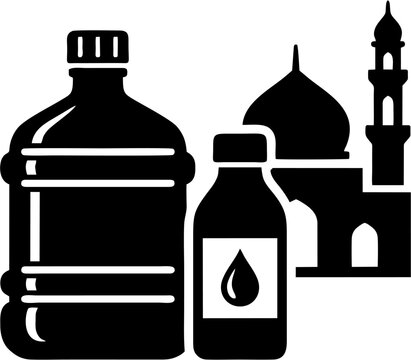 Islamic holy water bottle vector icon set with mosque dome minaret and zamzam liquid container representing ramadan religious pilgrimage hajj umrah culture donation infographic layout template
