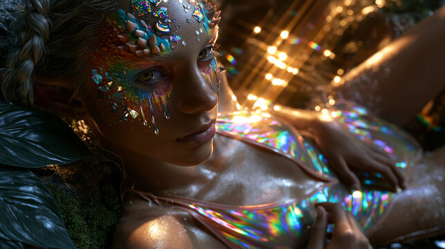 Eine Frau mit irisierendem Glitzer-Make-up und K&ouml;rperbemalung liegt in warmem Licht und strahlt festliche Eleganz aus.