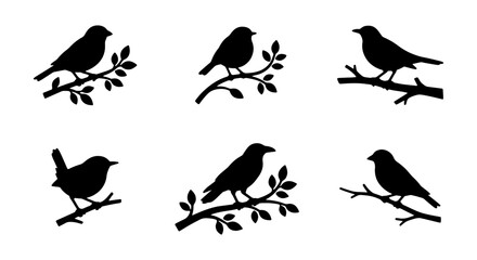 Fototapeta premium Vector Bird Silhouettes on Branches, Nature Icons, Wildlife Graphics, Minimalist Animal Art