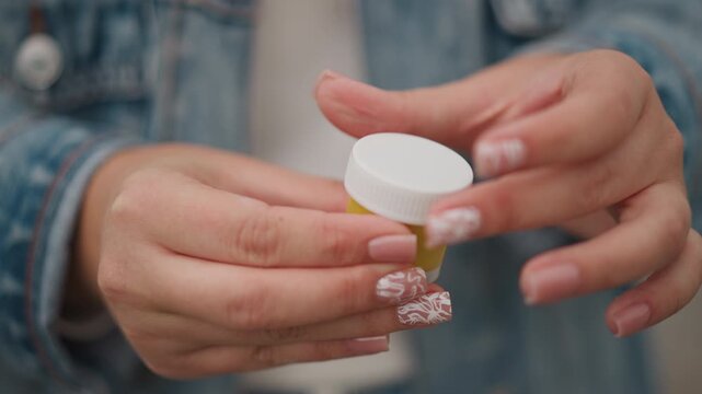 Eco packaging reveal with yellow jar consumer inspecting recycled plastic container, closeup hands with floral manicure, unscrewing cap, checking threads and texture, sustainable product
