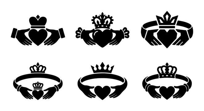 Claddagh Rings, Irish Symbols, Love Heart Crown Hands Vector Icons Set