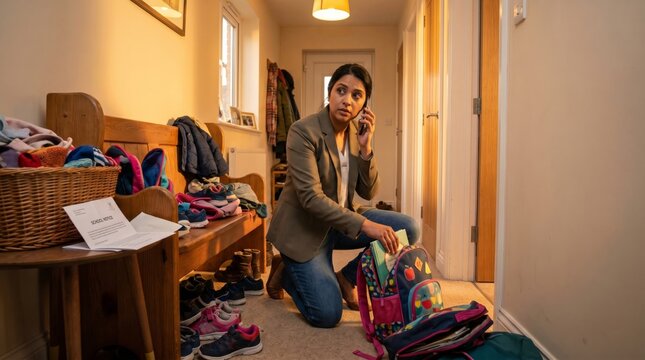 Woman on phone call managing household chaos in bedroom hallway