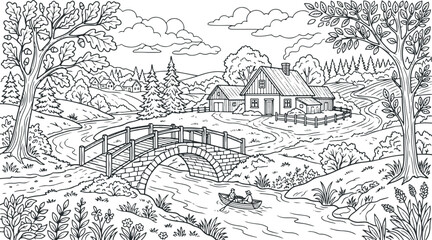 Fototapeta premium Black and white illustration of a house near a bridge and river