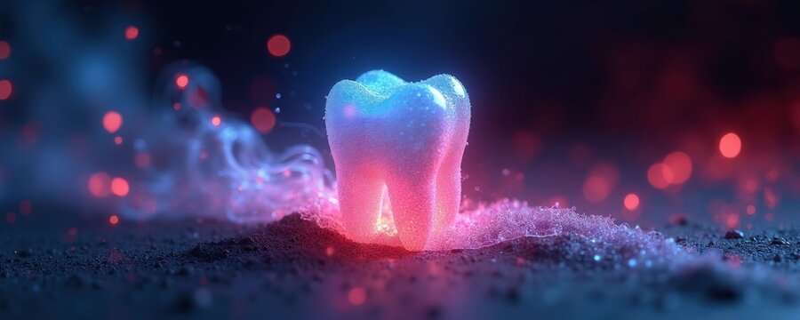 Glowing tooth with blue and red energy streams. Represents dental health hygiene and oral care. Futuristic concept for dental treatment and tooth whitening.