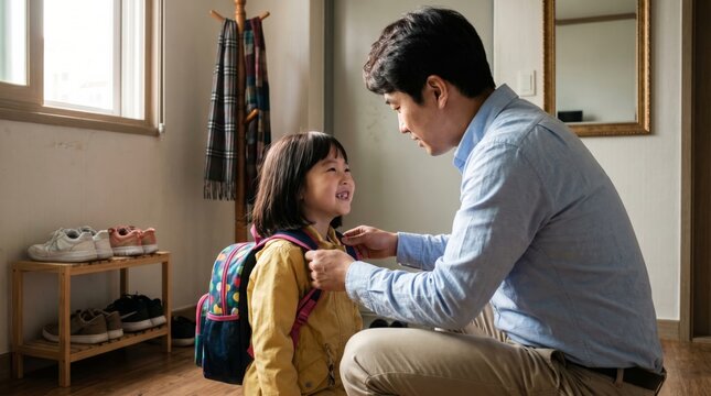 Father helping daughter put on backpack before school