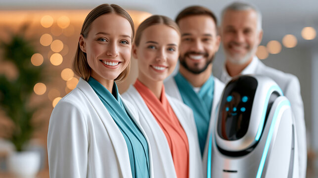 Drei Personen in wei&szlig;en Kitteln stehen neben einem kleinen wei&szlig;en Roboter in einem hellen Innenraum.